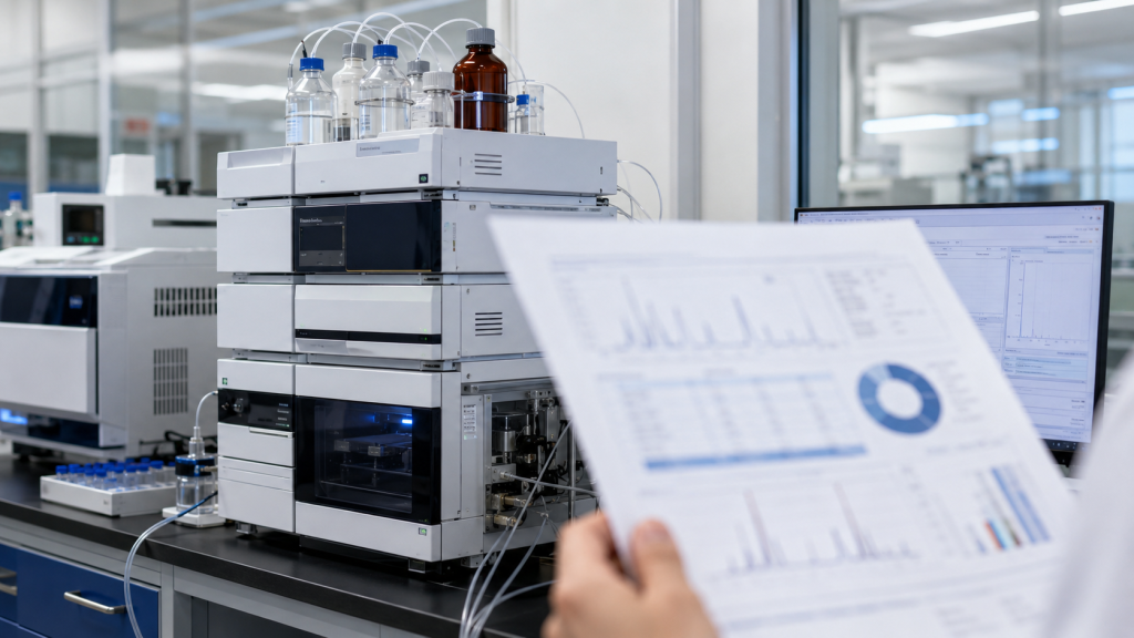 Laboratoire d'analyse HPLC avec certificat de pureté et rapport chromatographique