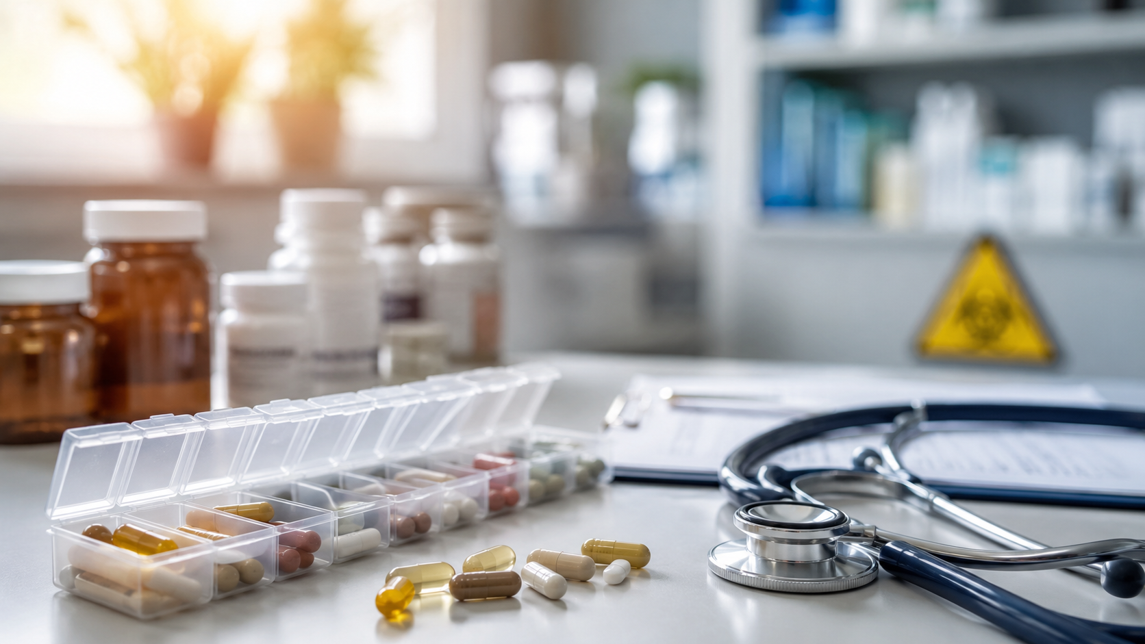 Bureau médical avec compléments alimentaires et précautions d'interactions — nmn interactions médicamenteuses